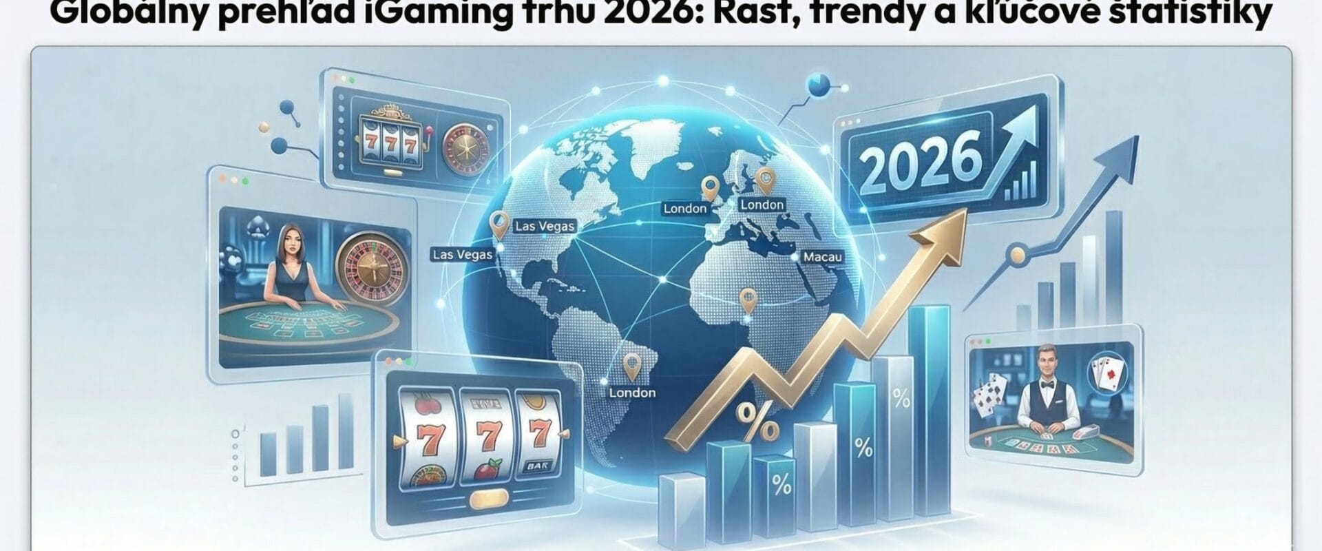 Globálny prehľad iGaming trhu 2026 s grafmi rastu, svetovou mapou herných trhov a vizualizáciou trendov online hazardných hier
